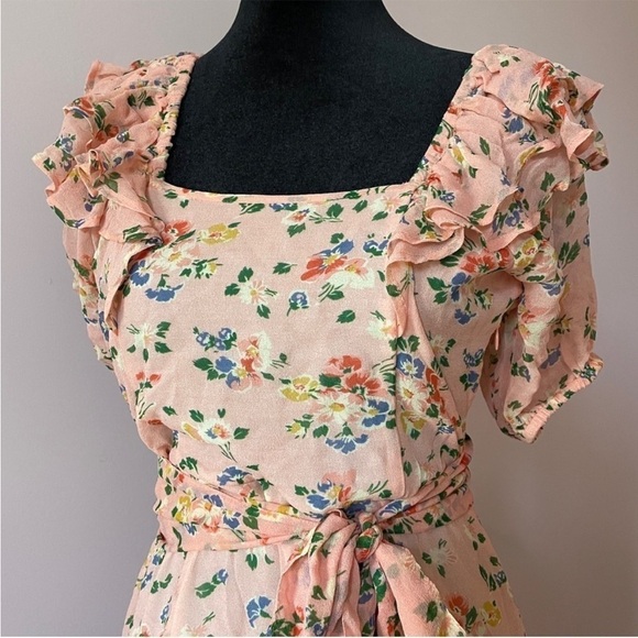 NEW! LoveShackFancy- Pink Floral Ruffle Accent Square Neck Kimber Mini Dress S - Picture 3 of 9